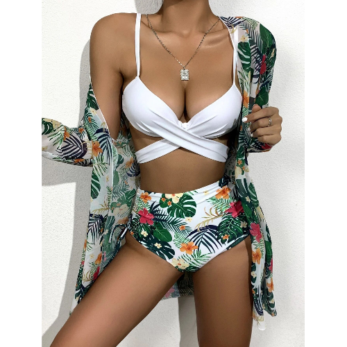 Женская Wrap Top бикини высокой талией нижней купальный костюм с кимоно кардиган